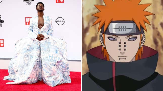 Left: Lil Nas X at BET Awards, Right: Naruto character Pain