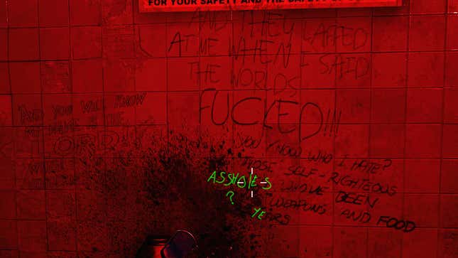 Hard to read text covered in blood on a wall in a bathroom. 