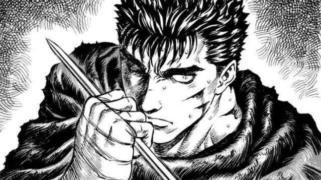 Guts, the protagonist of the manga Berserk, holding a blade in his palm with focus. 