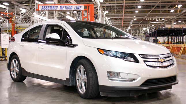 A GM Chevrolet Volt electric vehicle is shown at the General Motors Flint Engine Operations plant November 24, 2010 in Flint, Michigan