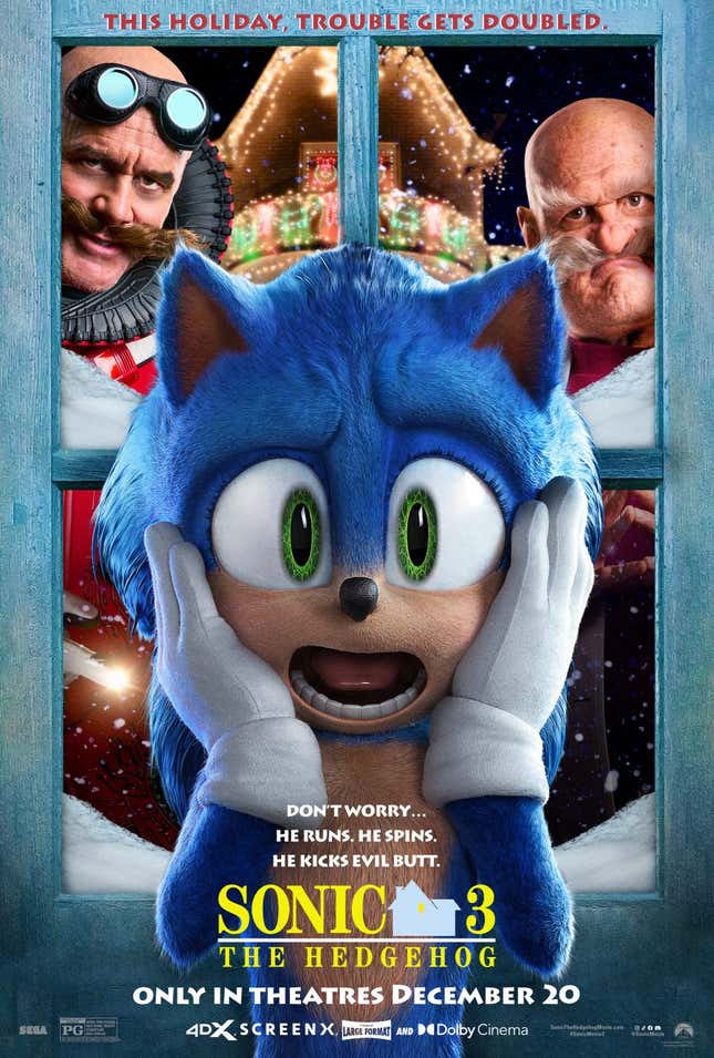 Un póster de Sonic con las manos en la cara, gritando mientras se muestran a los Robotniks detrás de él a través de una ventana.