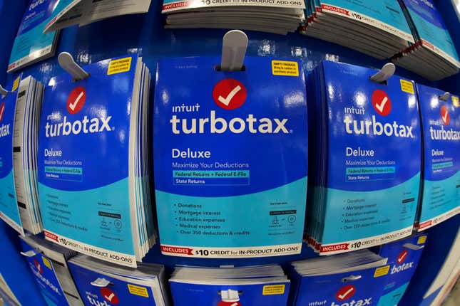 FILE - TurboTax is displayed in a Costco warehouse in Pittsburgh on Jan. 26, 2023. It&#39;s tax season in the U.S., and for many people, filing tax returns can be a daunting task that&#39;s often left until the last minute. (AP Photo/Gene J. Puskar, File)