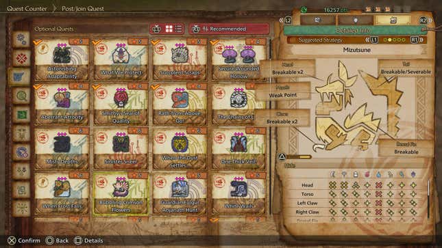 The Optional Quests screen, highlighting the suggested strategy for hunting a Mizutsune.
