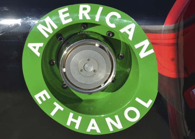 FILE - An American Ethanol label is shown on a NASCAR race car gas tank at Texas Motor Speedway in Fort Worth, Texas, Nov. 1, 2014. Drivers in eight Midwestern states will be able to fuel up with a higher blend of ethanol throughout the year thanks to a final rule announced Thursday, Feb. 22, 2024, by the Environmental Protection Agency. (AP Photo/Randy Holt, File)