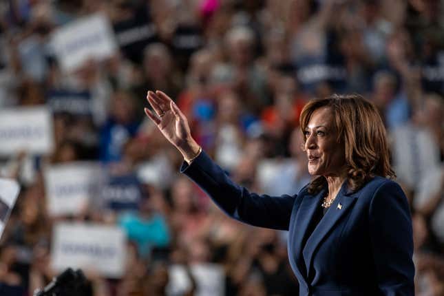 Die demokratische Präsidentschaftskandidatin und US-Vizepräsidentin Kamala Harris spricht während einer Wahlkampfkundgebung an der West Allis Central High School am 23. Juli 2024 in West Allis, Wisconsin, zu ihren Unterstützern.