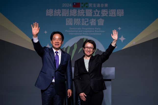 Taiwanese Vice President Lai Ching-te, also known as William Lai, left, celebrates his victory with running mate Bi-khim Hsiao in Taipei, Taiwan, Saturday, Jan. 13, 2024. The Ruling-party candidate emerged victorious in Taiwan&#39;s presidential election on Saturday and his opponents conceded, a result that will chart the trajectory of the self-ruled democracy&#39;s relations with China over the next four years. (AP Photo/Louise Delmotte)