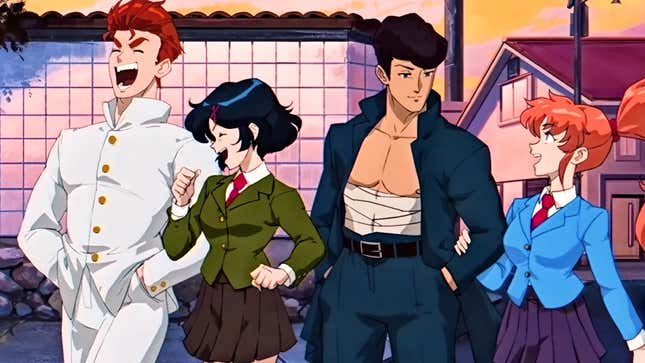 Riki, Kunio, Misako, and Kyoko laugh as they walk arm in arm down the street. 