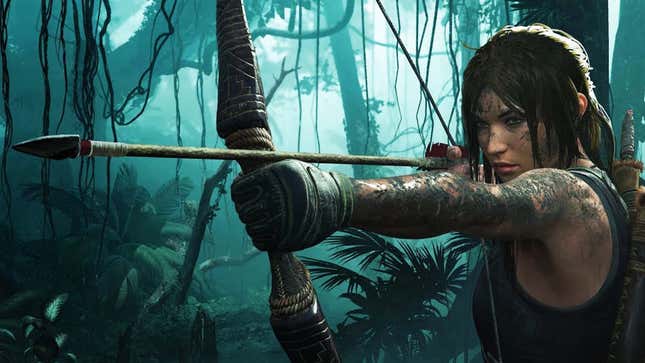 Lara Croft aims a large arrow using a wooden bow deep in a jungle. 
