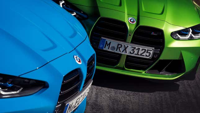 A photo of two BMW grilles. 