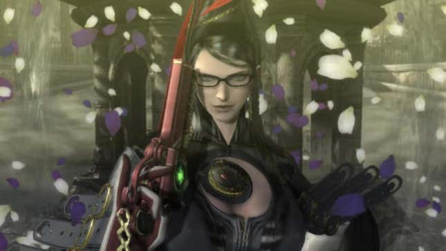 Bayonetta holds a gun.