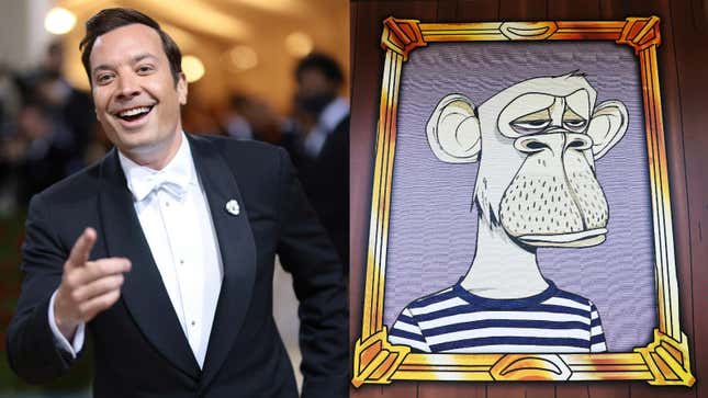 Left: Jimmy Fallon ( Photo: Dimitrios Kambouris/Getty Images for The Met Museum/Vogue) Right: Art at Long Island’s Bored &amp; Hungry restaurant, which uses NFT art in its branding (Photo: Mario Tama/Getty Images)