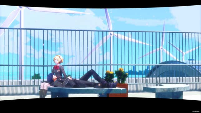Egus and Makoto are sitting on the roof.