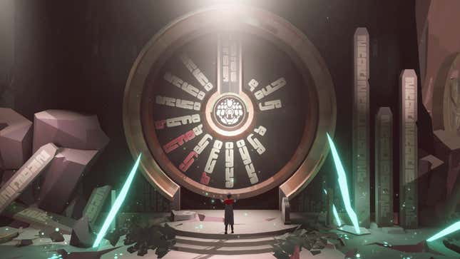 A guy stands in front of a circular door with his arms outstretched in Opus: Echo of Starsong, one of the best games of 2021