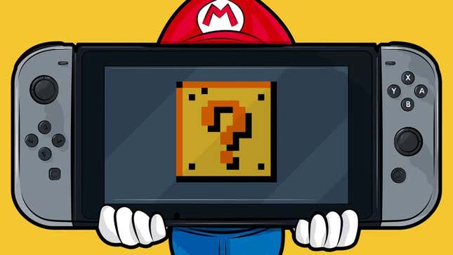 Mario, his face obscured, holds up a Switch console with a classic Super Mario Bros. question block displayed on it.