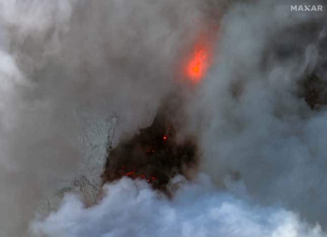 This satellite image provided by Maxar Technologies shows a color infrared close view of volcano and lava in Iceland on Tuesday, Dec. 19, 2021. (Satellite image ©2023 Maxar Technologies via AP)