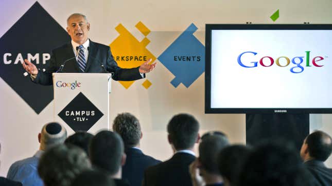 Israeli Prime Minister Benjamin Netanyahu gives a press conference for the launch of “Campus TLV” a technology hub for Israeli start-ups, entrepreneurs and developers at Google’s new offices on December 10, 2012.