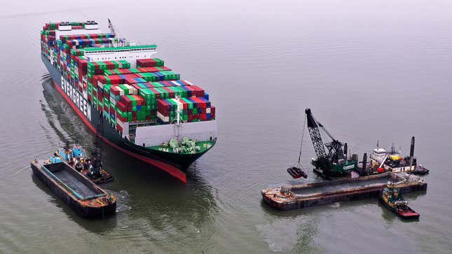 A photo of the Ever Forward container ship stuck on a sand bank. 