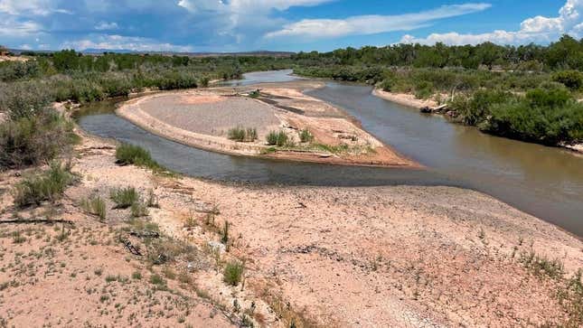 Much of the riverbed is exposed in Bernalillo, New Mexico, some 15 miles north of Albuquerque, on July 21, 2022.