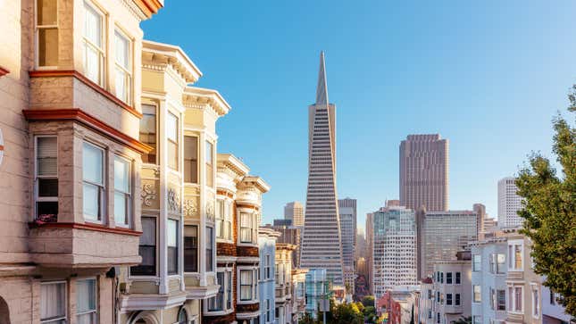 Residential houses and skyscrapers of San Francisco financial district, California, USA