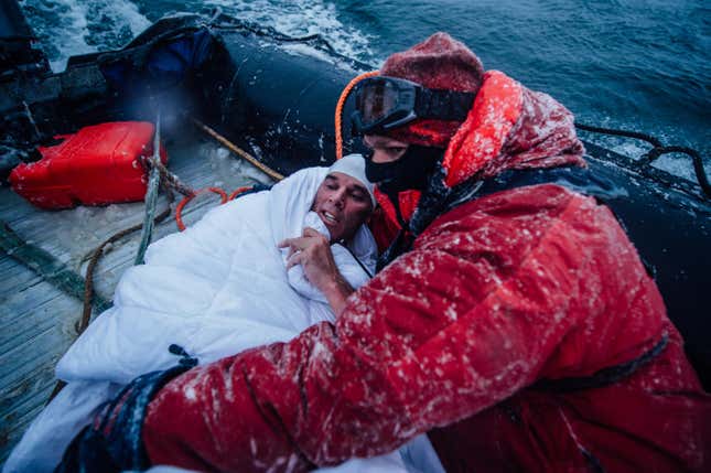 Lewis Pugh wrapped in a duvet.