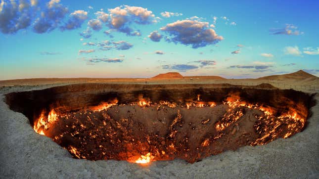The crater fire named "Gates of Hell" is seen near Darvaza, Turkmenistan, with flames burning throughout.