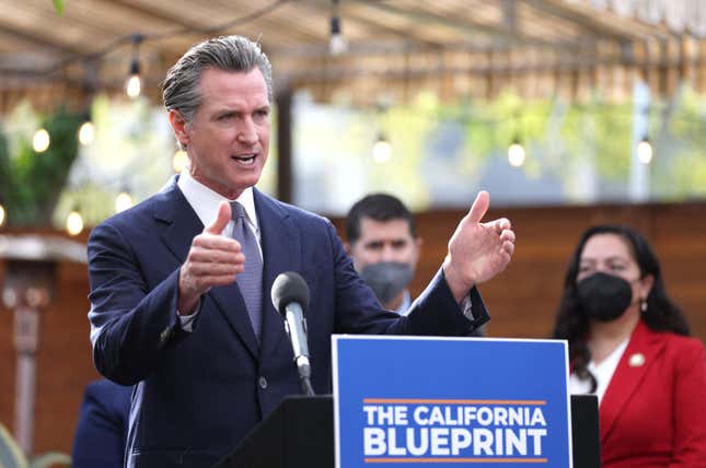 California Gov. Gavin Newsom speaks during a bill signing ceremony at Nido’s Backyard Mexican Restaurant on February 09, 2022, in San Francisco, California.