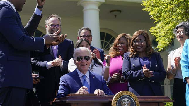 President Joe Biden smiles after signing an executive order that would create the White House Office of Environmental Justice after speaking from the Rose Garden of the White House in Washington, Friday, April 21, 2023.