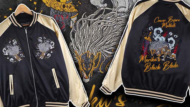 The front and back of the Elden Ring jacket superimposed over a closeup of the embroidery on the back featuring Maliketh.