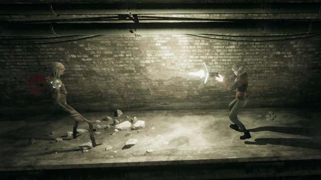 Our character fires a gun at a zombie in what might be a sewer tunnel.