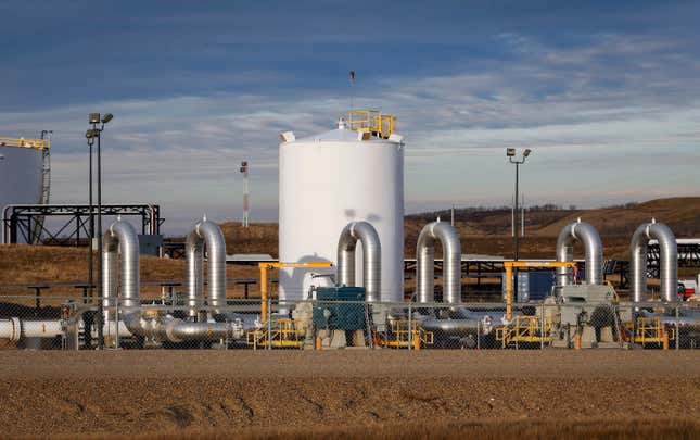 FILE - TC Energy&#39;s Keystone pipeline facility is seen in Hardisty, Alberta, on Nov. 6, 2015. Federal regulators on Thursday, Oct. 19, 2023, approved the expansion of a natural gas pipeline owned by TC Energy in the Pacific Northwest over the protest of environmental groups and top West Coast officials. The pipeline project, known as GTN Xpress, belongs to TC Energy of Calgary, Canada — the same company behind the now-abandoned Keystone XL crude oil pipeline. (Jeff McIntosh/The Canadian Press via AP, File)