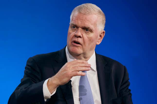 FILE - Group Chief Executive of HSBC, Noel Quinn, speaks during the Bloomberg Transition Finance Action Forum at the Plaza Hotel, on Sept. 19, 2023, in New York. HSBC, Europe&#39;s largest bank, says that CEO Noel Quinn plans to retire after serving nearly five years in the post. (AP Photo/Andres Kudacki, File)