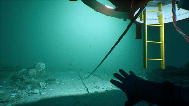 The protagonist looks out at a fellow diver deep underwater.