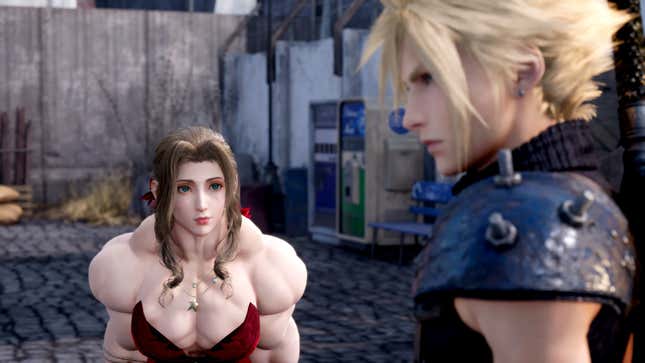 Nexus modder FudgeX02 の Aerith Gainsborough による Final Fantasy 7 Remake デモ、 "エリス・ゲインズボロー" 彼はクラウド・ストライフを見つめた。  