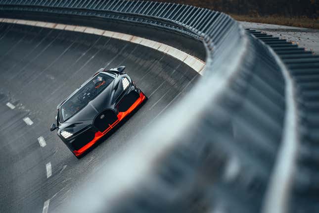 Front end of the black and orange Bugatti W16 Mistral World Record Car