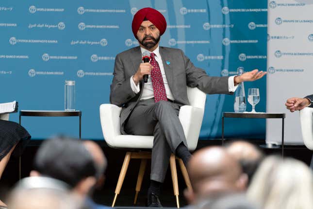 World Bank President Ajay Banga speaks at a forum during the World Bank/IMF Spring Meetings at the World Bank headquarters in Washington, Thursday, April 18, 2024. (AP Photo/Jose Luis Magana)