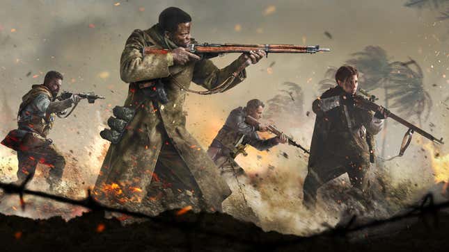 Several World War II-era soldiers pose on a raging battlefield.