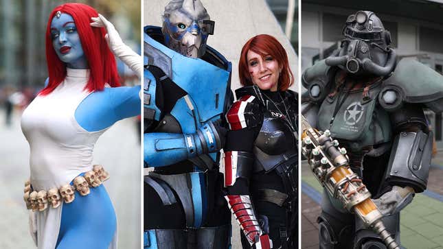 Mystique, Garrus, Fem Shep, and Fallout cosplayers stand at WonderCon 2024. 