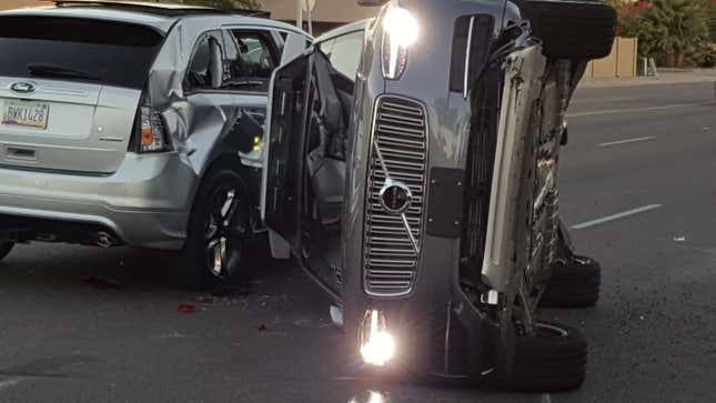 A self-driving Volvo SUV owned and operated by Uber flipped on its side after a collision in Tempe, Arizona, on March 24.