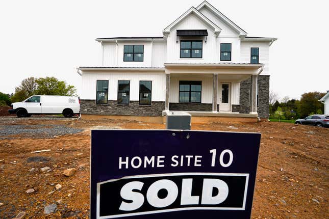 FILE - A home under construction marked as &quot;SOLD&quot; at a development in Eagleville, Pa., is shown on Friday, April 28, 2023. The United States is slogging through a housing affordability crisis that was decades in the making. The shortage pours cold water on President Joe Biden&#39;s assurances that the U.S. economy is strong and underscores the degree to which Republican presidential candidate, former President Donald Trump, has largely overlooked the issue. (AP Photo/Matt Rourke, File)