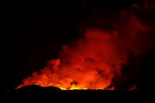 A view of the volcano erupting, north of Grindavík, Iceland, Thursday, Feb. 8, 2024. Iceland’s Meteorological Office says a volcano is erupting in the southwestern part of the country, north of a nearby settlement. The eruption of the Sylingarfell volcano began at 6 a.m. local time on Thursday, soon after an intense burst of seismic activity. (AP Photo/Marco Di Marco)