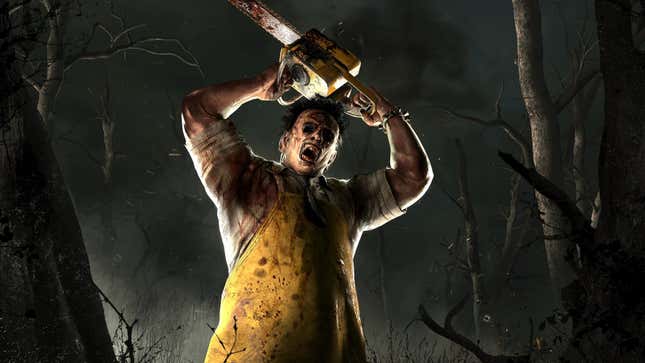 An image from Dead By Daylight depicting The Cannibal (a.k.a. Leatherface) standing above the camera, waving his signature chainsaw over his head.