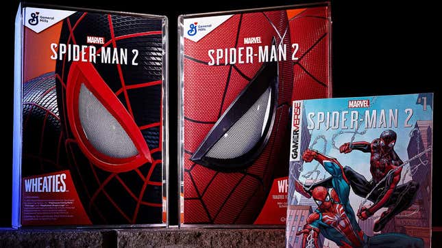 An image shows Wheaties limited edition Spider-Man 2 cereal box and prequel comic. 