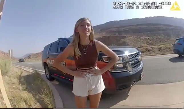 Police body-cam footage of Gabby Petito after Moab, Utah, police officers confront her and Brian Laundrie.