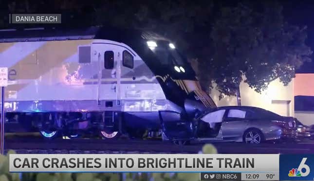 Image for article titled Watch A Brightline Train Hit A Car Lost On Its Tracks Head On