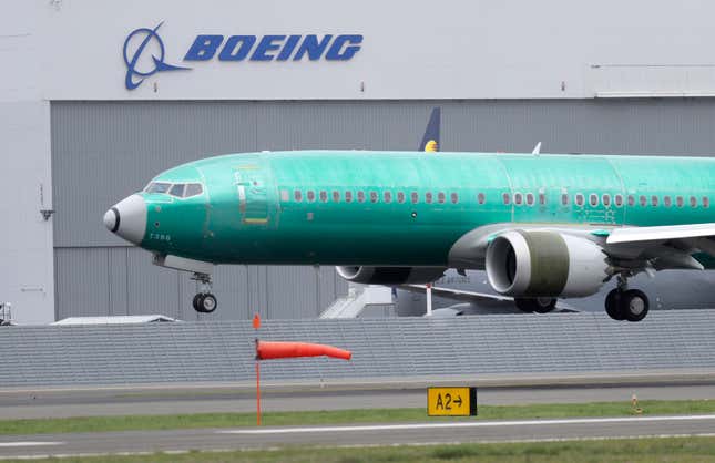 FILE - A Boeing 737 MAX 8 airplane being lands following a test flight at Boeing Field in Seattle, April 10, 2019. Boeing says deliveries of airline planes are up, after being slowed earlier this year by manufacturing problems. The company said Tuesday, Dec. 12, 2023, that it delivered 56 commercial planes in November. That&#39;s nearly as many as September and October combined. (AP Photo/Ted S. Warren, File)