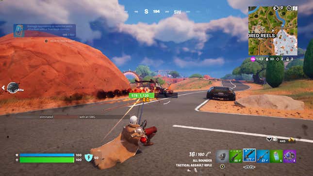 A Fortnite player dressed as Magneto slides on the street while tethered to a car.
