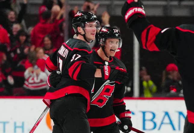 Feb 22, 2024; Raleigh, North Carolina, USA; Carolina Hurricanes center Sebastian Aho (20) is congratulated by right wing Andrei Svechnikov (37) after his goal against the Florida Panthers during the third period at PNC Arena.