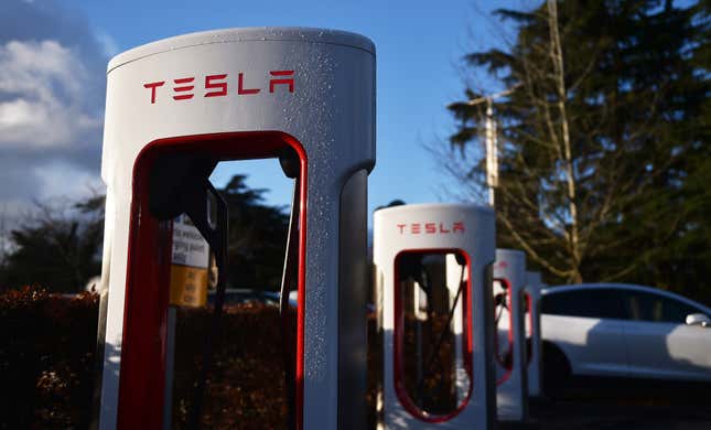 A Tesla electric vehicle charging pod point at Trentham Estate on December 10, 2021 in Stoke on Trent, England. 