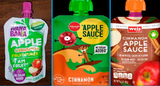 This image provided by the U.S. Food and Drug Administration on Thursday, Nov. 17, 2023, shows three recalled applesauce products - WanaBana apple cinnamon fruit puree pouches, Schnucks-brand cinnamon-flavored applesauce pouches and variety pack, and Weis-brand cinnamon applesauce pouches. The FDA is screening imports of cinnamon from multiple countries for toxic lead contamination after growing reports of children who were sickened after eating pouches of applesauce and apple puree. Cinnamon from a manufacturer in Ecuador is the “likely source” of high levels of lead found in recalled pouches of applesauce puree linked to illnesses in at least 34 children in 22 states, the FDA said Friday, Nov. 17, 2023. (FDA via AP)