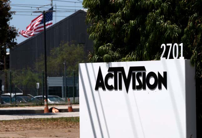 FILE - A sign is seen outside the Activision building in Santa Monica, Calif., June 21, 2023. In an announcement made late Friday, Dec. 15, 2023, Activision Blizzard has agreed to pay about $54 million to settle discrimination claims brought by California&#39;s civil rights agency on behalf of women employed by the video game maker. (AP Photo/Richard Vogel, File)